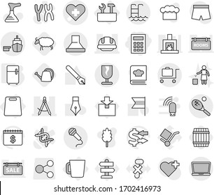 Editable thin line isolated vector icon set - calculator, heart cross vector, draw compass, building helmet, port, fragile, pool, baggage trolley, tennis, cutting board, cup, repair tools, fridge