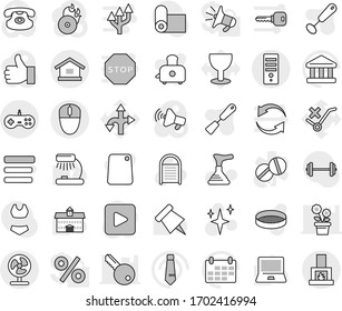 Editable thin line isolated vector icon set - plunger vector, shining, washboard, whisk, spatula, cutting board, toaster, sieve, university, table lamp, notebook pc, paper pin, bank, tie, calendar