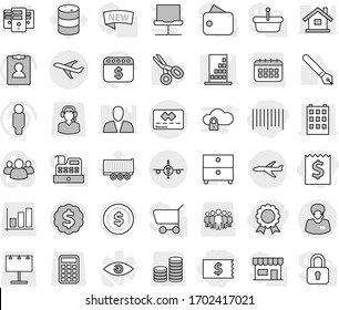 Editable thin line isolated vector icon set - receipt, bar code, medal, building, plane, credit card, support manager, pen vector, scissors, archive, dollar coin, man, personal information, calendar