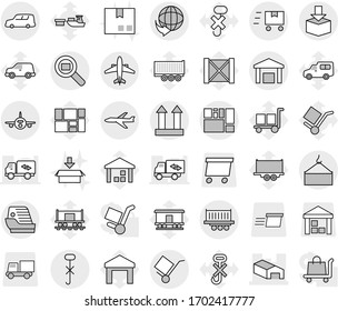 Editable thin line isolated vector icon set - warehouse, delivery, plane, truck shipping, car, loading crane, consolidated cargo, trolley, top sign, do not hook, package, search, fast deliver, port