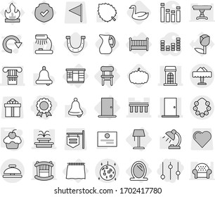 Editable thin line isolated vector icon set - equalizer, medal, column, bridge, building, door, fountain, hawaiian wreath, disco ball, restaurant, service bell, mirror, curtain, wardrobe, chair, jug