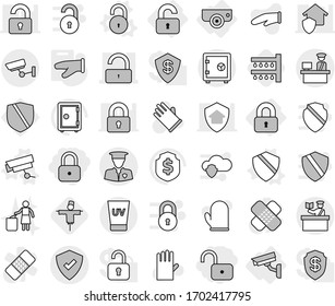 Editable thin line isolated vector icon set - lock, unlock, customs control, protected, security man, inspector, uv cream, surveillance, safe, locked, unlocked, camera, vector, shield, cook glove
