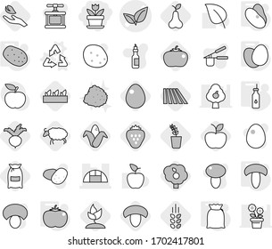 Editable thin line isolated vector icon set - flower, leafs vector, greenhouse, recycle, vegetable oil, flour, eggs, mushroom, potato, tomato, beans, spikelets, field, corn, seedling, apple, pear