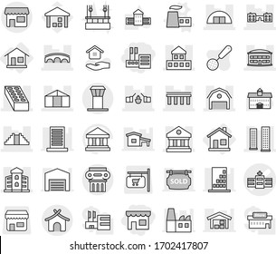 Editable thin line isolated vector icon set - shop, store, hospital vector, bridge, drawbridge, cottage, library, skyscrapers, airport building, hangare, brick, barn, school, pyramid, greenhouse