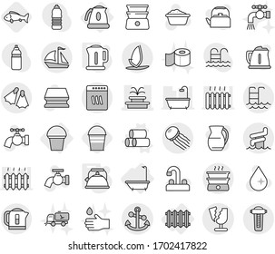 Editable thin line isolated vector icon set - fountain, anchor, broken, sail boat, pool, aquapark, flippers, windsurfing, jellyfish, bath, radiator, bucket, kettle, pipes vector, fish, sponge, tap