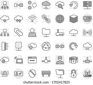 Editable thin line isolated vector icon set - check in, laptop wifi vector, cloud, service, wireless, share, woman, internet, connect, network folder, server, glass, shield, lock, exchange, big data