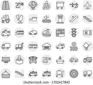 Editable thin line isolated vector icon set - delivery, ambulance car vector, helicopter, stairs, road, loading crane, trolley, package, parachute, broken, train, bus, sail boat, airport tower, plow