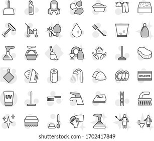 Editable thin line isolated vector icon set - uv cream, broom, rag, plunger vector, scraper, cleaner trolley, water tap, fetlock, mop, scoop, clothespin, sponge, trash bin, drop, car, shining, iron
