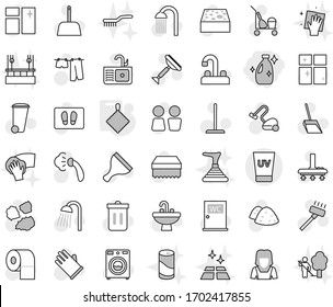 Editable thin line isolated vector icon set - cleanser, uv cream, rag, scraper vector, cleaner trolley, vacuum, mop, scoop, sponge, trash bin, window cleaning, welcome mat, steaming, drying clothes