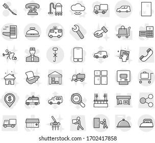 Editable thin line isolated vector icon set - dollar pin, ambulance car vector, gas station, shipping, do not hook sign, courier delivery, atm, hotel, baggage trolley, service bell, cloud, meal cap