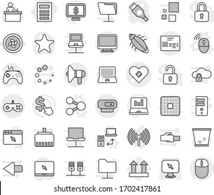 Editable thin line isolated vector icon set - calculator, pacemaker vector, invoice, loudspeaker, cooler fan, wireless, share, cpu, data transfer, mouse, browser window, trash bin, bug, student