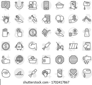 Editable thin line isolated vector icon set - health care vector, delivery, mobile checking, shark flipper, coffee maker, welding, touchscreen, robot hand, harvest, horseshoe, leaf, sow, soap, drop