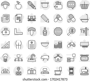 Editable thin line isolated vector icon set - basket, account balance, recipe vector, pencil, tower crane, greenhouse, map, sms, bungalow, bulb, water tap, bath, colander, mushroom, ketchup, pig