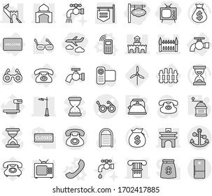 Editable thin line isolated vector icon set - shop signboard, journey, tv, pacemaker vector, column, arch, greate wall, minaret, fort, gothic architecture, outdoor light, phone, anchor, water tap