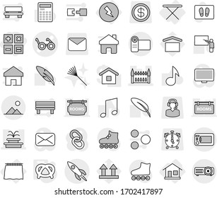 Editable thin line isolated vector icon set - calculator, pacemaker vector, fountain, gothic architecture, rocket, landscape, home, curtain, electricity, iron board, pretzel, welcome mat, rake, pen