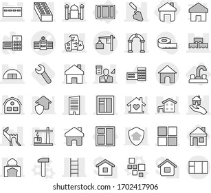 Editable thin line isolated vector icon set - home, hospital vector, greate wall, skyscraper, bunker, minaret, hangare, modern architecture, window, block, brick, stairs, construction, house, arch