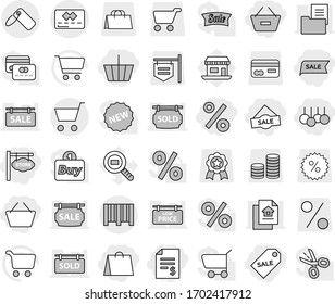Editable thin line isolated vector icon set - basket, account balance, remove from, shopping bag, sale label, percent, store signboard, credit card, bar code, cart, vector, office, cargo search, new