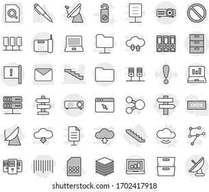Editable thin line isolated vector icon set - bar code, singlepost, archive vector, stairs, important flag, documents, satellite antenna, cloud service, sim card, do not distrub, pen, notebook pc