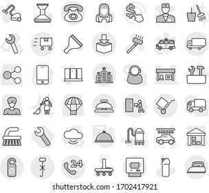 Editable thin line isolated vector icon set - gas station, phone, 24, shipping, trolley, do not hook sign, courier delivery, package, fast deliver, atm, hotel, service bell, distrub, repair tools