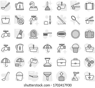 Editable thin line isolated vector icon set - scissors vector, insurance, suitcase, baggage, mirror, bucket, mixer, pan, garlic clasp, ladle, knife holder, plunger, fetlock, water tap, car, duster