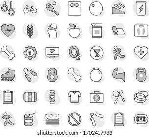 Editable thin line isolated vector icon set - tennis, diet vector, scales, heart pulse, clipboard, bike, weight, jump rope, hand trainer, fitball, muscule, buttocks, t shirt, roller Skates, medal