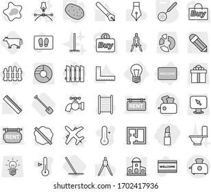 Editable thin line isolated vector icon set - lipstick, mansion, bulb, fence, welcome mat, plane vector, drawing pen, skimmer, potato, cow, shovel, rake, water tap, splotch, washboard, toilet, gift