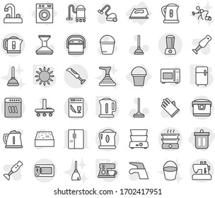 Editable thin line isolated vector icon set - bin, iron, washing machine, bucket, kettle, gas oven, fridge, coffee maker, plunger vector, water tap, vacuum cleaner, mop, sponge, car fetlock, broom