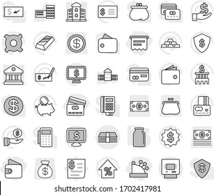 Editable thin line isolated vector icon set - wallet, credit card, cashbox, atm receipt, library, building, money, bank, school vector, gold ingot, percent growth, piggy, investment, check, shield