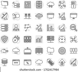 Editable thin line isolated vector icon set - archive vector, protected, bar code, satellite antenna, server, cloud service, data search, cd, dollar growth, binder, presentation board, barcode, big