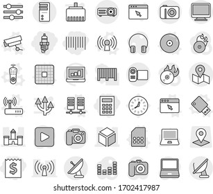 Editable thin line isolated vector icon set - receipt, bar code, calculator, spark plug, castle, 3d, map, camera, cpu vector, antenna, server, remote control, surveillance, usb flash, sim card, cd