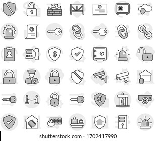 Editable thin line isolated vector icon set - lock, unlock, protected, alarm, security man, vip fence, detector, baggage checking, key, safe, intercome, surveillance camera, vector, shield, siren