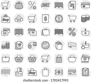 Editable thin line isolated vector icon set - cart, basket, hand coin, credit card, account balance, purse, add to, remove from, shopping bag, sale, percent, bar code, vector, stack, receipt, dollar