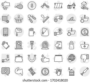 Editable thin line isolated vector icon set - hand coin, cargo stoller, broken vector, delivery, basket, mobile checking, shark flipper, mirror, curtain, robot, horseshoe, sow, rubber glove, drop
