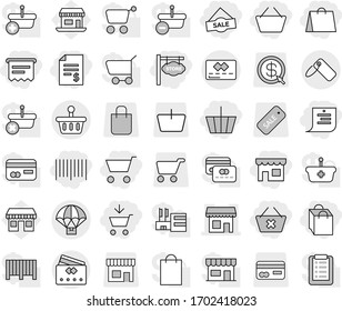 Editable thin line isolated vector icon set - cart, add to, basket, account balance, delete, shop, shopping list, bag, sale, bar code, atm receipt, store signboard, credit card, label, office vector