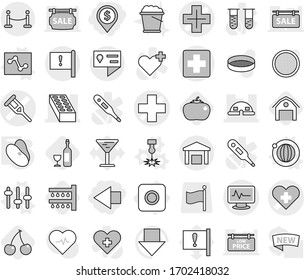 Editable thin line isolated vector icon set - dollar pin, left arrow, medical cross vector, heart, crutch, monitor pulse, brick, dome house, location details, important flag, warehouse, vip fence