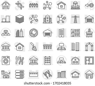 Editable thin line isolated vector icon set - chromosomes vector, virus, bridge, mansion, building, skyscrapers, skyscraper, bunker, garage, modular house, district, construction, architector, arch