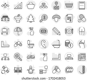 Editable thin line isolated vector icon set - basket, account balance, ear vector, ruler, map, dry cargo, cafe, baggage trolley, sink, bath, colander, mushroom, viruses, spruce, toilet, sprayer