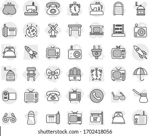 Editable thin line isolated vector icon set - bow, purse, phone, tv, rocket, disco ball, dresser, stool, chair, plug vector, kettle, hand mill, windmill, washboard, turk coffee, glasses, alarm clock