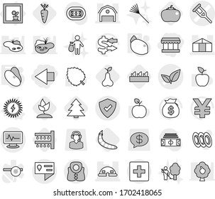 Editable thin line isolated vector icon set - market, left arrow, crutch vector, monitor pulse, leafs, barn, dome house, greenhouse, location details, protected, first aid, life vest, solar power