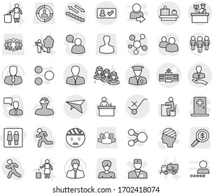 Editable thin line isolated vector icon set - wc, hospital vector, client, do not trolley sign, security man, deltaplane, check in, baggage checking, inspector, vr helmet, garden cleaning, home call