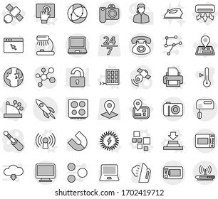 Editable thin line isolated vector icon set - cashbox, phone, rocket, air conditioning, blocks vector, press, antenna, printer, touchscreen, solar power, panel, hob, steaming, iron, thermometer