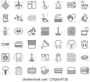 Editable thin line isolated vector icon set - tooth vector, implant, welcome mat, rag, towel, soap, plunger, scraper, broom, fetlock, mop, sponge, trash bin, window cleaning, toilet, drying clothes