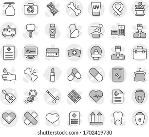 Editable thin line isolated vector icon set - lipstick, flower, doctor bag vector, heart cross, medical label, case, broken bone, patch, pill, recipe, ambulance car, monitor pulse, tomography, hat
