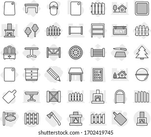 Editable thin line isolated vector icon set - pencil, shop signboard, fence, pallet, table, chest of drawers, dresser, rack, cutting board, fireplace, trees, axe, wheel, farm, spruce, wood box, rent