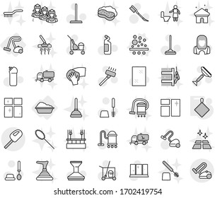 Editable thin line isolated vector icon set - washing, vacuum cleaner, filter vector, rag, scraper, trolley, mop, car fetlock, window cleaning, toilet brush, agent, shining, woman, sweeper, wiping
