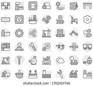 Editable thin line isolated vector icon set - nail, factory, port, customs control, fork loader, warehouse scales, railroad shipping, transporter tape, power socket, table, vector, press, ladle, big