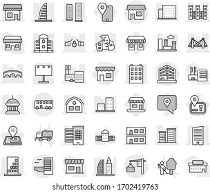 Editable thin line isolated vector icon set - shop, bridge, drawbridge, houses, goverment house, building, skyscrapers, skyscraper, mall, modern architecture, modular, district, city, palace, office