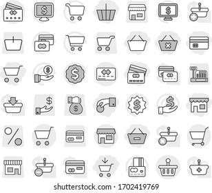 Editable thin line isolated vector icon set - cart, add to, basket, hand coin, credit card, remove from, delete, shop, vector, investment, dollar medal, monitor, money gift, percent, cashbox