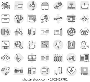 Editable thin line isolated vector icon set - pacemaker vector, houses, school, pin, satellite, courier delivery, parachute, surfer, baggage trolley, wardrobe, phone, pets, connect, analytics, seeds