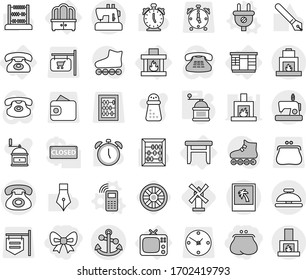 Editable thin line isolated vector icon set - bow, purse, phone, anchor, photo, service bell, wardrobe, dresser, stool, tv, fireplace, plug vector, mobile, hand mill, wheel, windmill, pen, abacus